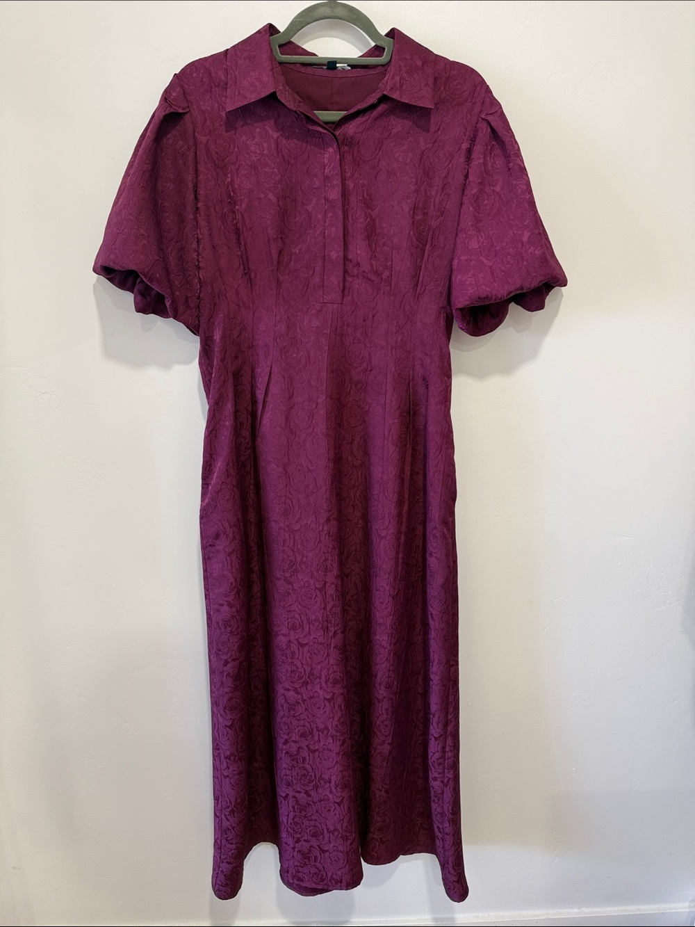 Collared Plum Midi Dress with Textured Jacquard